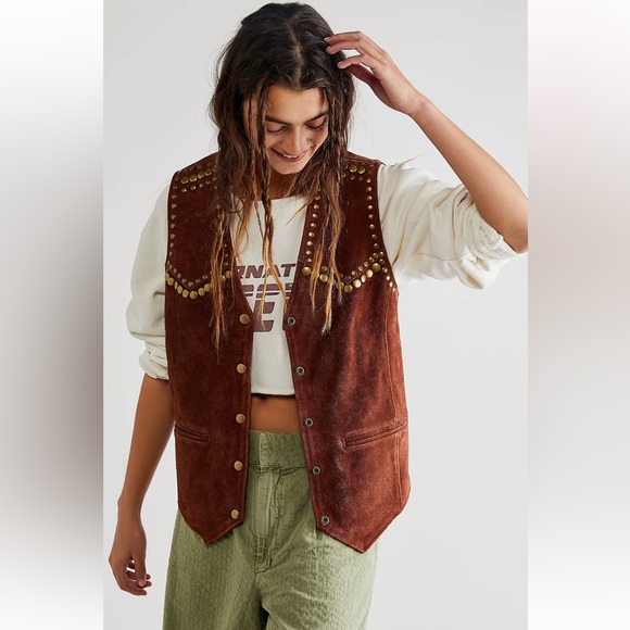 Free People Jackets & Blazers - Rare New FREE PEOPLE Understated Brown Leather Western Snap Front Vest Medium